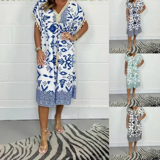 Fashion Printed V-neck Tassel Stitching Casual Dress
