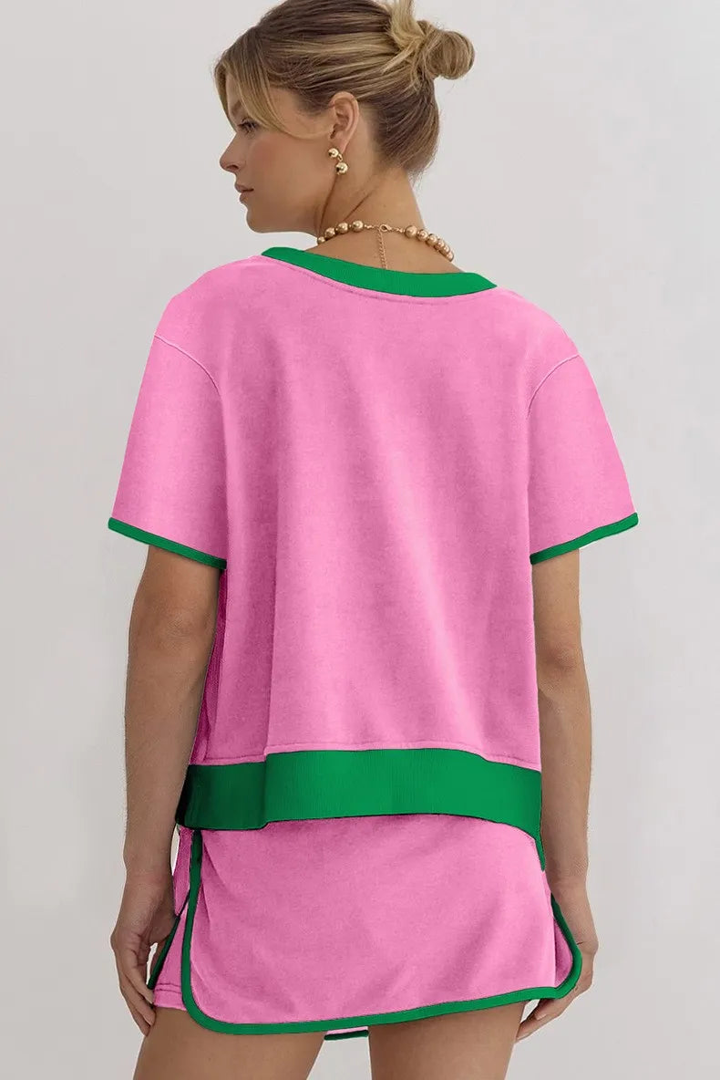 Women's Colorblock Edge Drop Shoulder T Shirt Skort 2Pcs Set (Buy 2 Free Shipping)