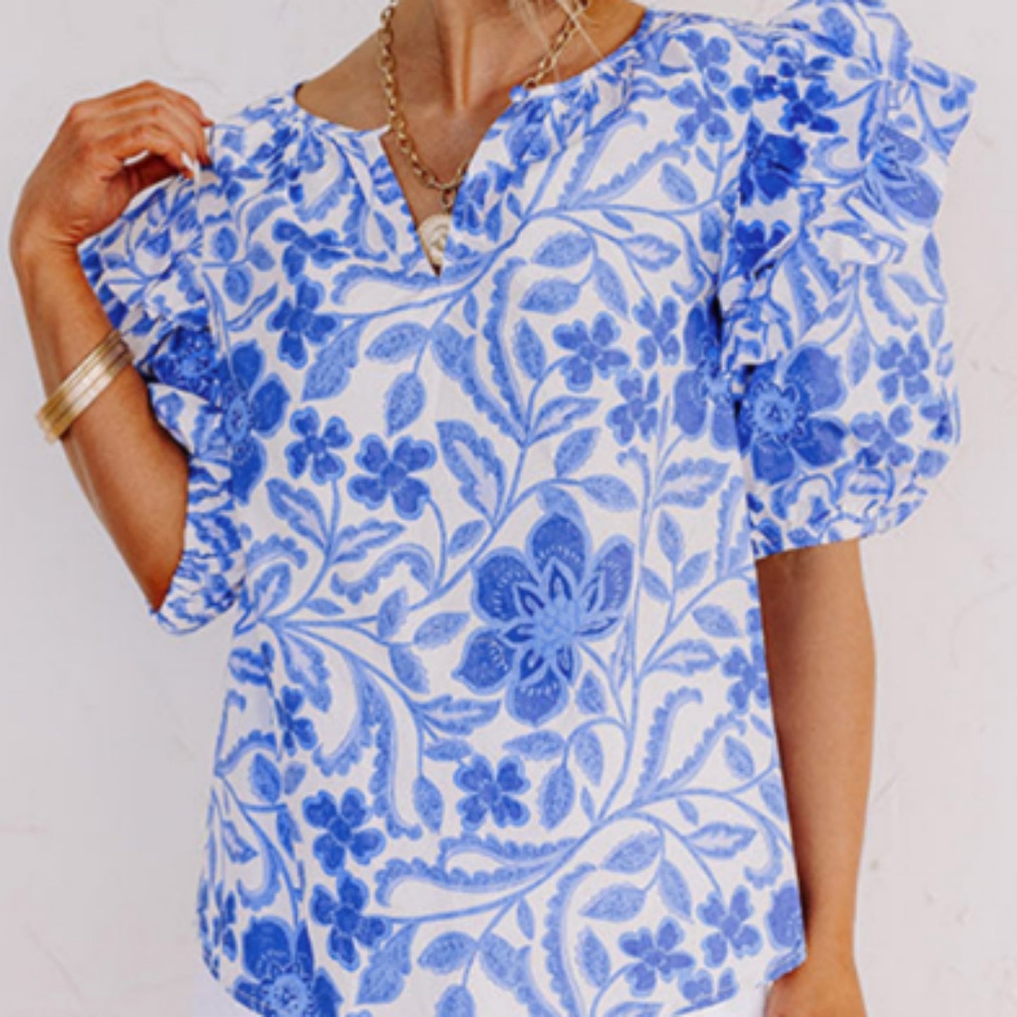 Dark Blue Floral Print Ruffled Bubble Sleeve Blouse