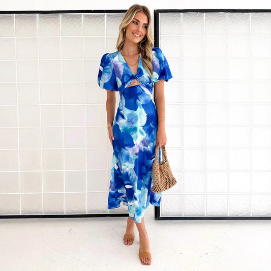 Puff Sleeve Long Dress Printed V-neck Hollow Out