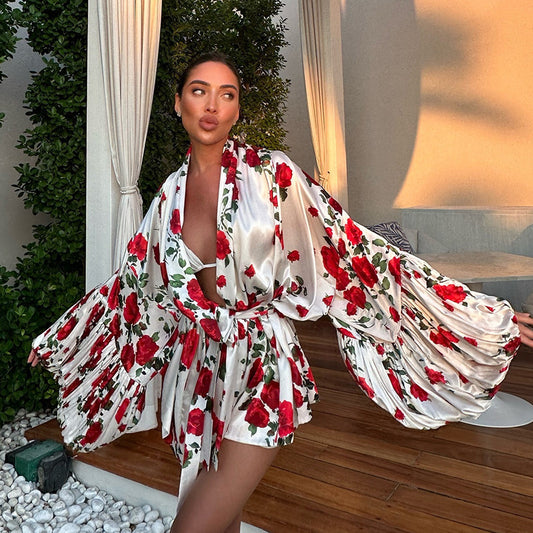 Printed Lantern Sleeve Loose Shirt Dress