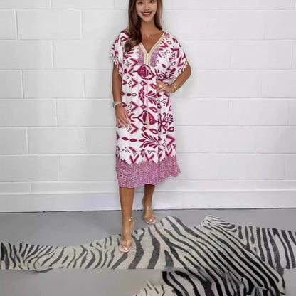 Fashion Printed V-neck Tassel Stitching Casual Dress