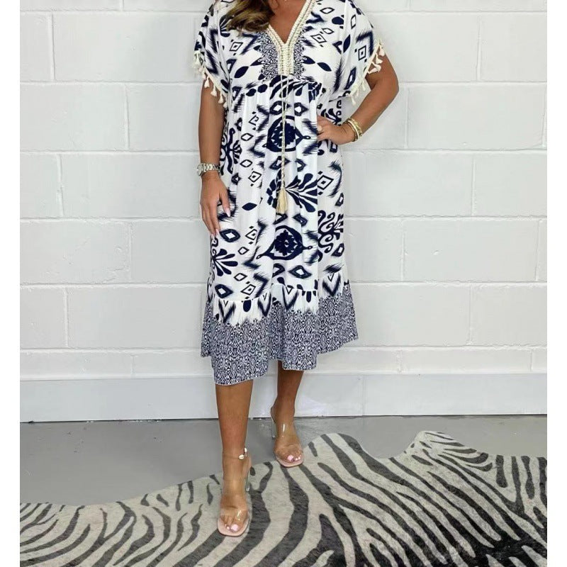 Fashion Printed V-neck Tassel Stitching Casual Dress