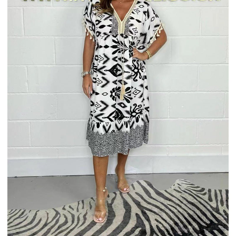 Fashion Printed V-neck Tassel Stitching Casual Dress