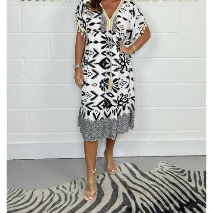 Fashion Printed V-neck Tassel Stitching Casual Dress