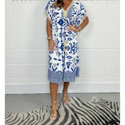 Fashion Printed V-neck Tassel Stitching Casual Dress