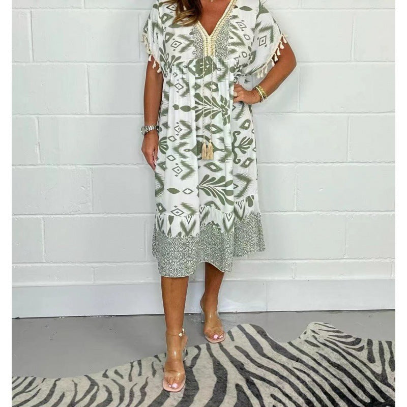 Fashion Printed V-neck Tassel Stitching Casual Dress