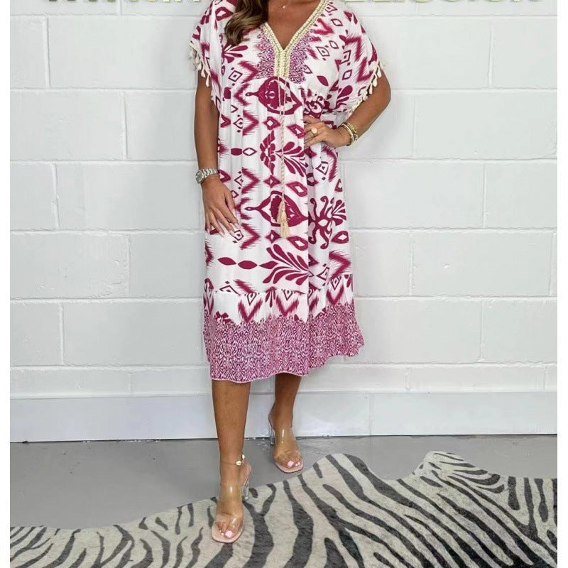 Fashion Printed V-neck Tassel Stitching Casual Dress