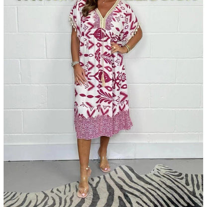 Fashion Printed V-neck Tassel Stitching Casual Dress
